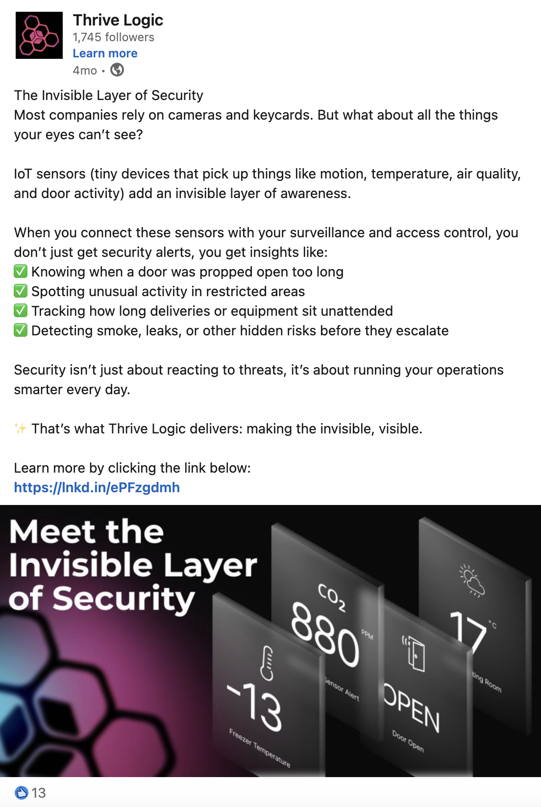 LinkedIn post and graphic showing the benefits of one of our clients' products