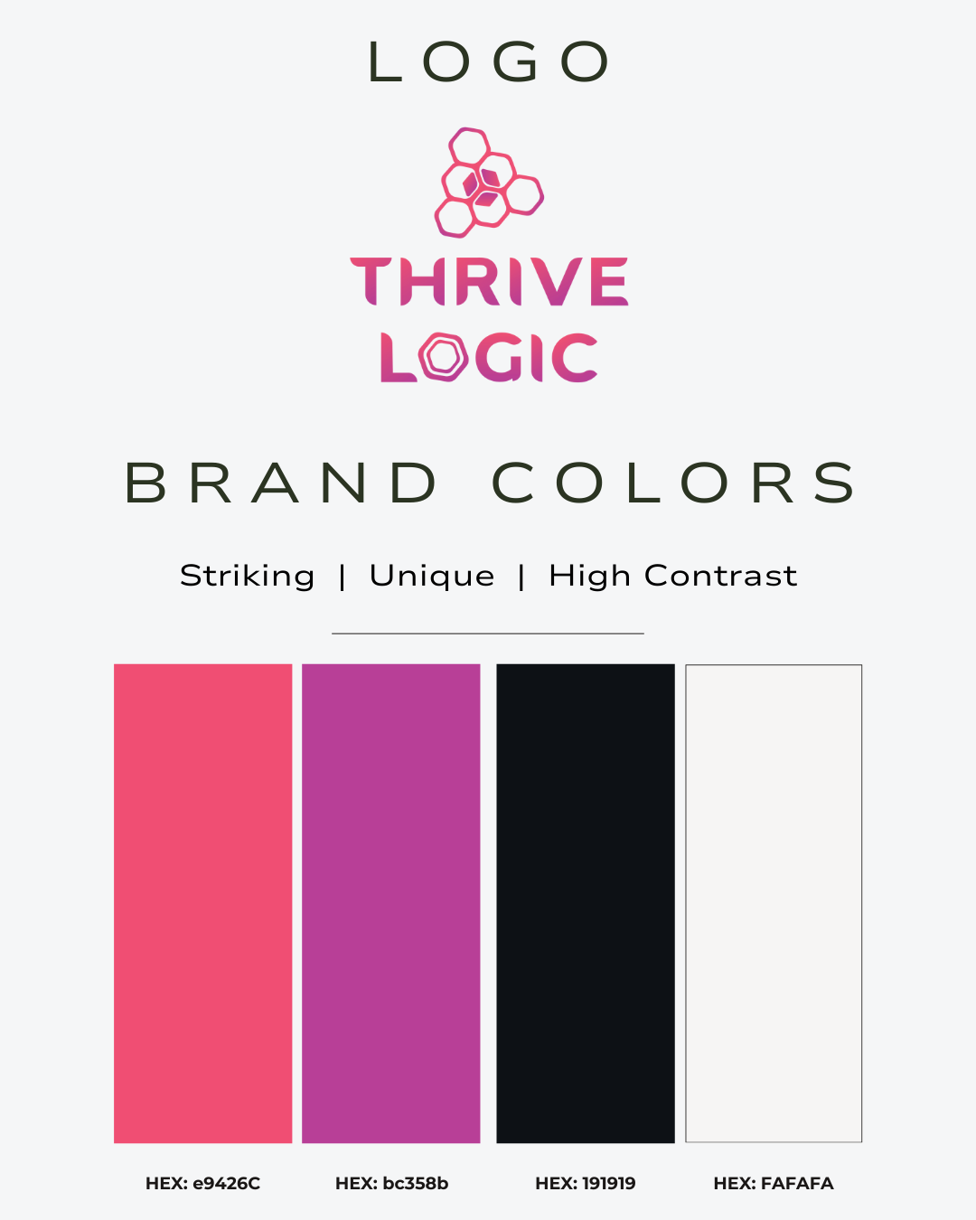 Brand kit showing our client Thrive Logic's logo and brand colors of pink, purple, charcoal, and off white.