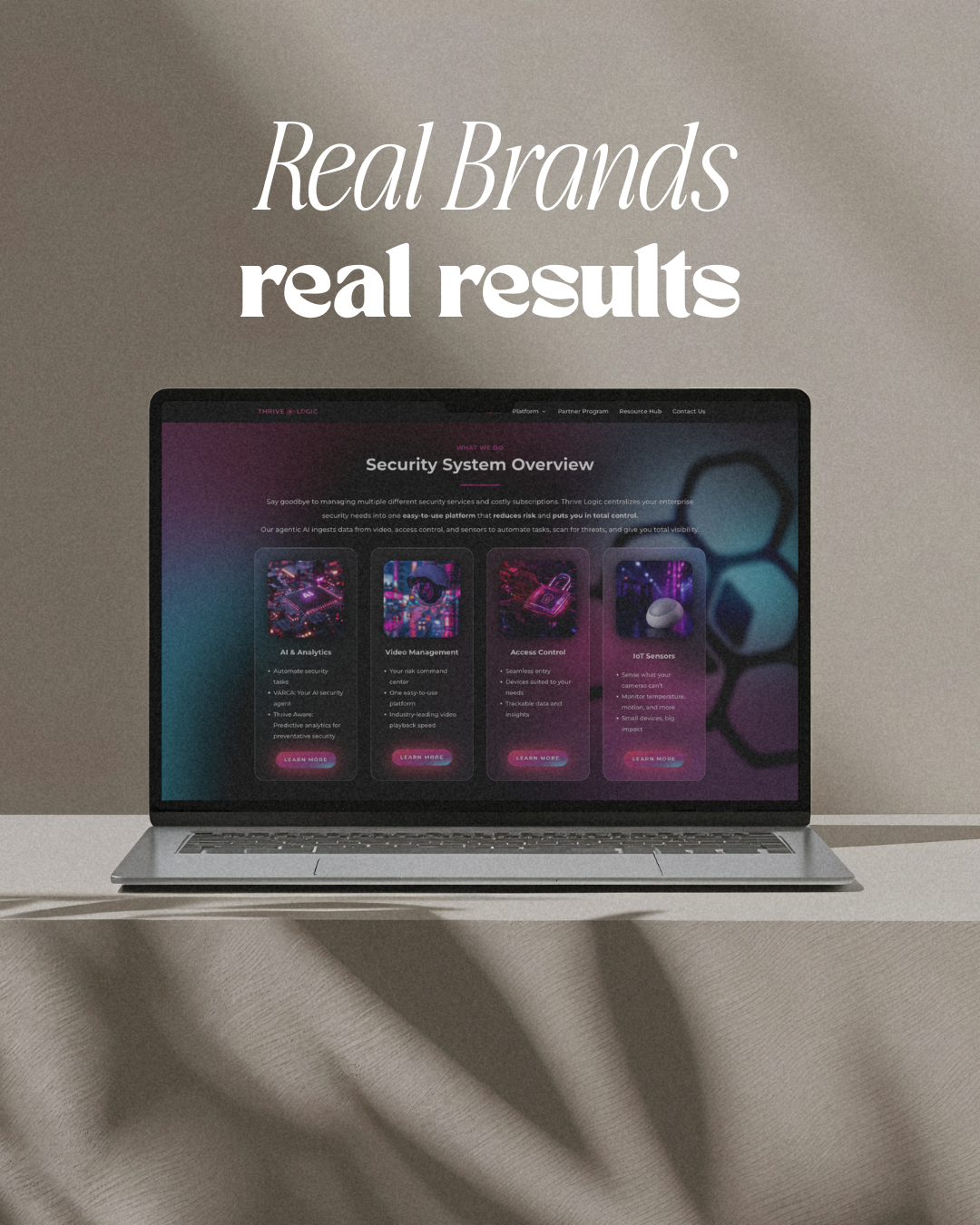 Photo of laptop with client website and text above it saying "Real Brands, Real Results."