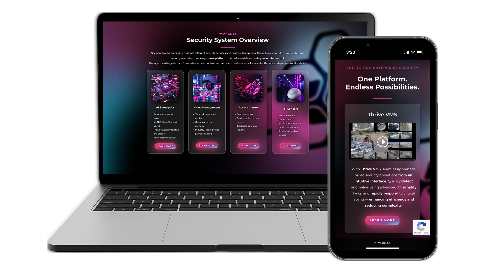 A laptop with the Thrive Logic website on it and an iPhone with the mobile version.